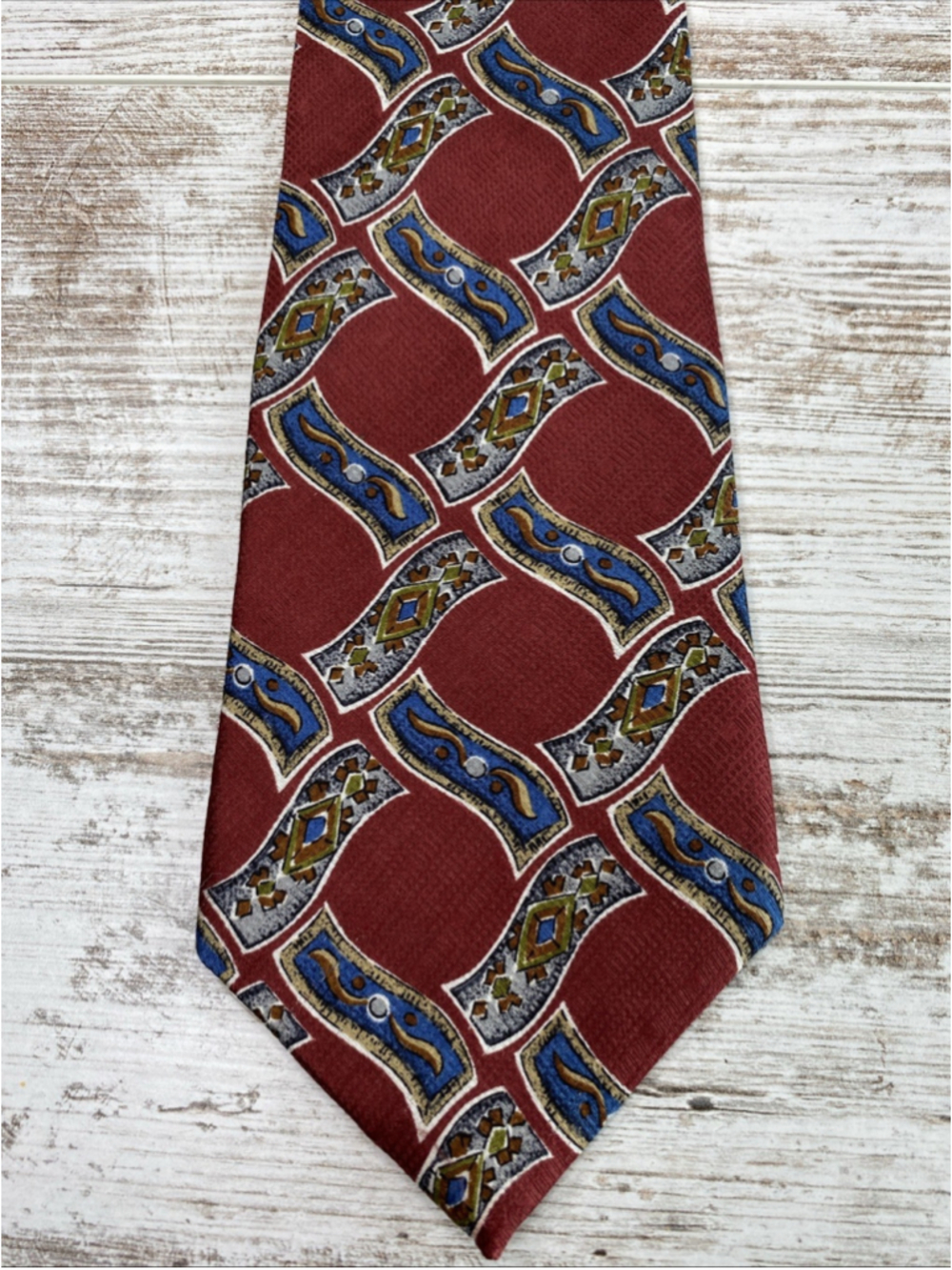 Peter Paul For Nordstrom Tie Silk Red Blue Geometric Medallion USA Wide